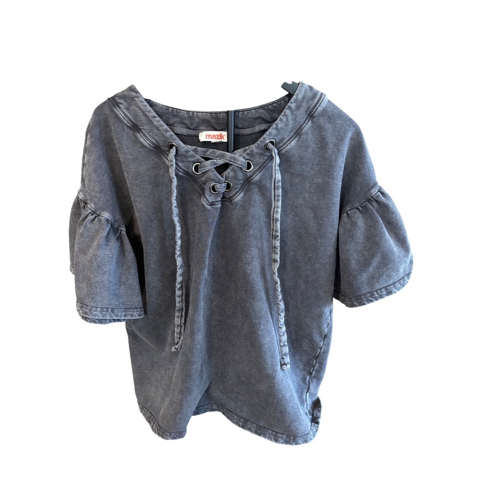 Mazik Womens Acid Wash Lace Up Ruffle Sleeve Sweatshirt Top Charcoal Grey Size M
